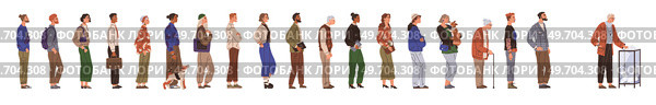 People waiting in line to vote at election. Citizens stand in queue signing for petition with signatures. Vector artwork depicts protest, registration, and declaration. Election day various voters. People waiting in line to vote at election. Citizens in queue signing for petition with signatures. Стоковая иллюстрация, агентство Ingram Publishing / Фотобанк Лори