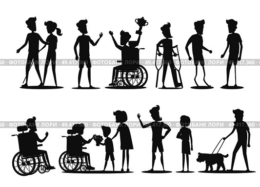 People with disabilities vector illustration. Silhouettes of humans on wheelchairs or on prostheses walking, winning, accepts congratulations. People with Disabilities Require Special Attention. Стоковая иллюстрация, агентство Ingram Publishing / Фотобанк Лори