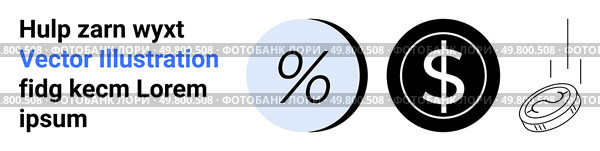 Percentage symbol in blue circle, dollar sign in black circle, and falling coin with motion lines. Ideal for finance, banking, investment, economics, budgeting, marketing, and presentations. Landing. Financial Symbols Dollar Sign, Percentage, and Falling Coin. Стоковая иллюстрация, агентство Ingram Publishing / Фотобанк Лори