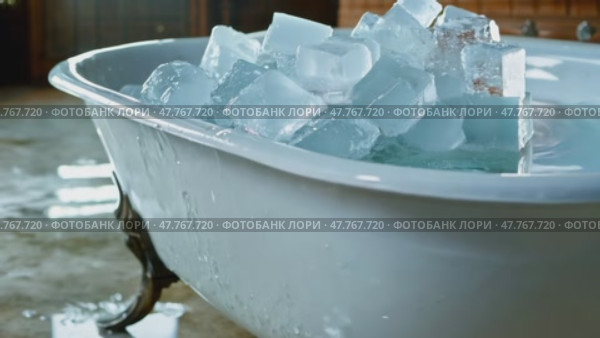 Переполненная ванна с кубиками льда в классической обстановке ванной комнаты, холодные ванны cold plunge. Стоковое AI-видео, аниматор ФотоИнтеллект / Фотобанк Лори