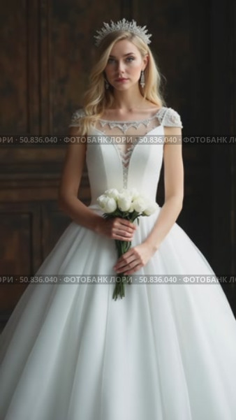 Perfect bride with jewels, a portrait of a girl in a long white dress. Beautiful hair and clean delicate skin. Wedding hairstyle blonde woman. Girl with a white flower in her hands. Стоковое AI-видео, аниматор Sergey Grishin / Фотобанк Лори