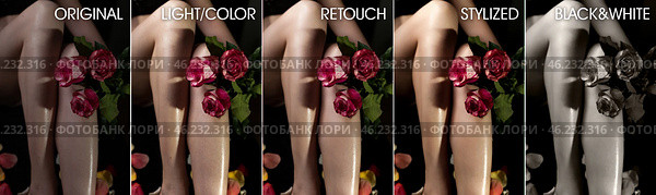 Perfect woman legs with rose flowers before and after retouching by photo editors. Collage set image of before and after chic skin processing. Edited photos being compared concept. Copy ad text space. Стоковое фото, фотограф Aleksandr Golubev / Фотобанк Лори