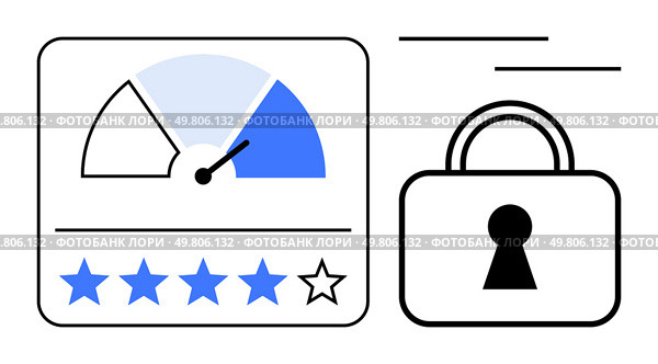 Performance meter with pointer, five-star rating with one empty star, and padlock. Ideal for security, quality assurance, customer satisfaction, performance evaluation, data protection. Performance Meter, Star Rating, and Lock Illustrating Security and Quality Assessment. Стоковая иллюстрация, агентство Ingram Publishing / Фотобанк Лори