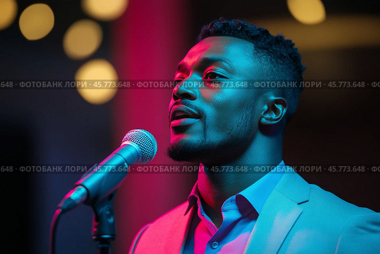 Performer stands near microphone under colorful lights at evening event. Стоковое AI-изображение, AI-художник Юлия Гапеенко / Фотобанк Лори