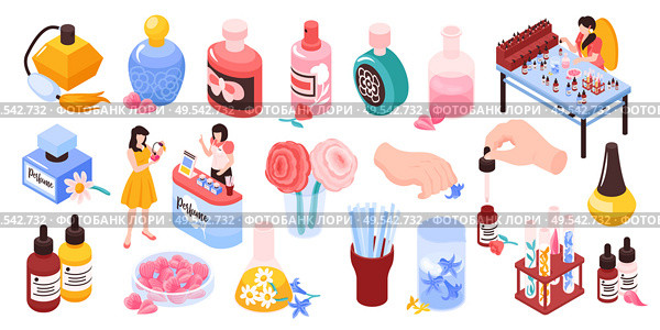 Perfume sprays bath aroma toilet water essential oils testers natural fragrances bottles isometric icons set vector illustration. Стоковая иллюстрация, агентство Ingram Publishing / Фотобанк Лори