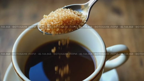 Person adding cane sugar with a spoon to cup of fresh aromatic coffee. Close up of teaspoon putting brown sugar into hot steamed drink mug. Sugar Being Poured into Cup of Coffee Americano, Close-Up. Стоковое AI-видео, аниматор Марина Демидюк / Фотобанк Лори
