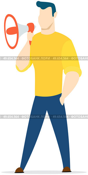 Person announcing important information with megaphone. Invitation, announcement, notification or warning, advertising, marketing concept. Man stands with loudspeaker, advertises, speaks loudly. Man stands with loudspeaker, advertises, speaks loudly. Announcement, advertising, marketing concept. Стоковая иллюстрация, агентство Ingram Publishing / Фотобанк Лори