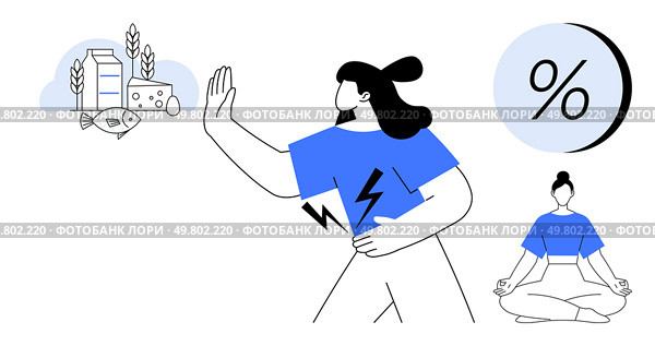 Person avoiding fish, dairy, and wheat while holding stomach in discomfort. Meditation pose for balance and health improvement. Ideal for health, diet, fitness, meditation, wellness, nutrition. Person Avoiding Unhealthy Food While Meditating for Wellness and Mindfulness with Percentage Symbol. Стоковая иллюстрация, агентство Ingram Publishing / Фотобанк Лори