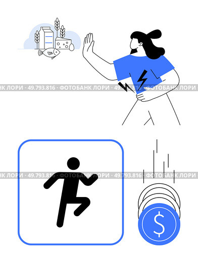 Person exercising, rejecting unhealthy food running symbol and dollar sign illustrating financial savings. Ideal for health, fitness, nutrition, cost-saving, wellbeing, financial planning, lifestyle. Managing Healthy Lifestyle Choices with Exercise and Nutrition for Economic Benefits. Стоковая иллюстрация, агентство Ingram Publishing / Фотобанк Лори