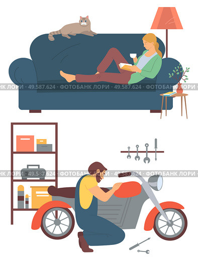 Person fixing car vector, isolated people leisure time. Interest of characters, lady reading book, bookworm and male in garage tuning of motorbike. Woman Reading Book, Man Fixing Bike Hobby Set. Стоковая иллюстрация, агентство Ingram Publishing / Фотобанк Лори