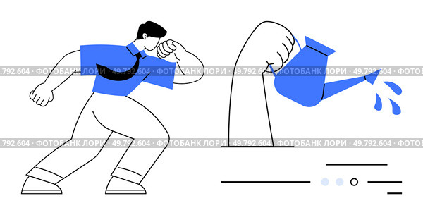 Person flexing muscle while watering arm from watering can, growth lines, splashing water, determined expression. Ideal for motivation, fitness, self-improvement, personal growth, determination. Person flexing muscle and watering arm next to sudden movement lines - representing growth and effort. Стоковая иллюстрация, агентство Ingram Publishing / Фотобанк Лори