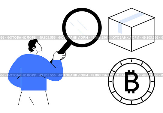 Person holding a magnifying glass observing a box and a Bitcoin symbol. Ideal for themes related to search, analysis, scrutiny, inspection, investigation, cryptocurrency, and e-commerce. Line. Person Observing Package and Bitcoin Symbol with Magnifying Glass Highlighting Inspection and Analysis. Стоковая иллюстрация, агентство Ingram Publishing / Фотобанк Лори