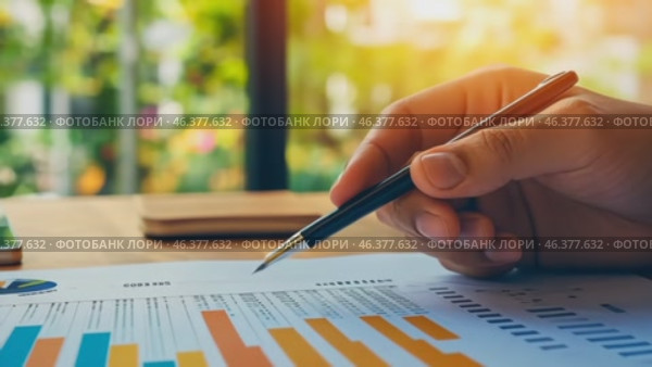 Person Holding a Pen Pointing Colorful Financial Charts, Analysis, Business Activities. Professional is Analyzing a Bar Graph, Data Trends, Report. Businessman Analyzing Document. Growth. Investment. Стоковое AI-видео, аниматор Марина Демидюк / Фотобанк Лори