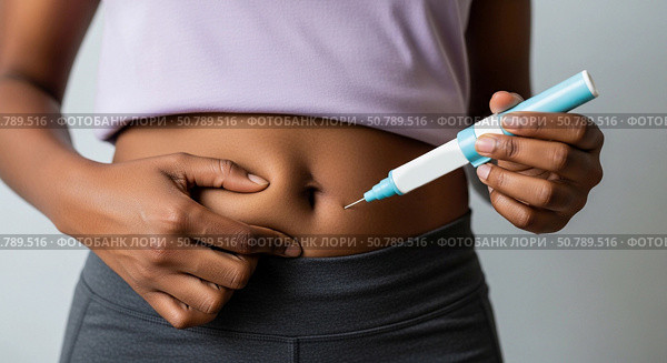 Person holding an injector near abdomen, preparing for self-injection. Cropped view of hands and torso wearing a light top and dark pants. Focus on medical procedure, concept of healthcare. Стоковое AI-изображение, AI-художник Журавлева Кристина / Фотобанк Лори