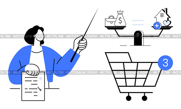 Person holding pointer and document, explaining balance of assets, shopping cart with 3 items. Ideal for financial planning, investment advice, shopping management, budgeting, decision-making. Financial advisor explaining investment options, balance between assets, and shopping cart choices. Стоковая иллюстрация, агентство Ingram Publishing / Фотобанк Лори