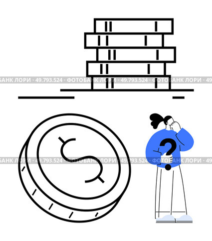 Person holding question mark, contemplating coin with dollar sign, next to stack of books. Ideal for financial planning, education, investment choices, money management, budgeting, saving personal. Person Contemplating Coin with Dollar Sign and Stack of Books, Symbolizing Financial Decision Making. Стоковая иллюстрация, агентство Ingram Publishing / Фотобанк Лори