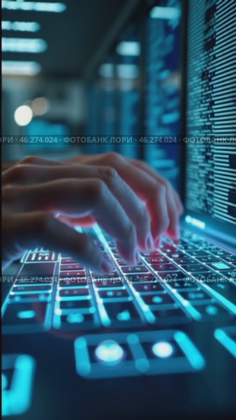 Person is typing on a computer keyboard with blue keys. Стоковое AI-видео, аниматор Sergey Grishin / Фотобанк Лори