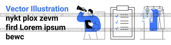 Person looking through binoculars while holding a clipboard, large checklist with three checked items, wardrobe with various clothes. Ideal for planning, organization, goal setting, task completion. Person with binoculars, clipboard with checkmarks, and wardrobe of clothes and accessories. Стоковая иллюстрация, агентство Ingram Publishing / Фотобанк Лори