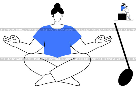 Person meditating in lotus position with calm expression while smaller figure sits on box appearing stressed. Ideal for wellness, stress management, meditation, mental health, mindfulness, self-care. Person Meditating in Lotus Position with Reflection of Thinking Overwhelmed Figure Seated on Box. Стоковая иллюстрация, агентство Ingram Publishing / Фотобанк Лори