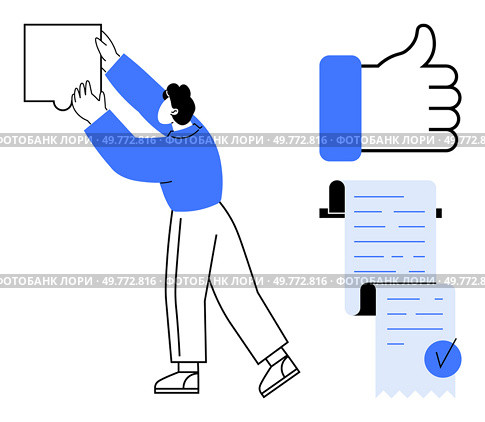 Person placing a frame on wall, next to thumbs-up sign and signed document. Ideal for project approval, quality assurance, completion, achievement, positive feedback. Simplistic vector art style. Person Hanging Picture Next to Thumbs Up and Approved Document. Стоковая иллюстрация, агентство Ingram Publishing / Фотобанк Лори