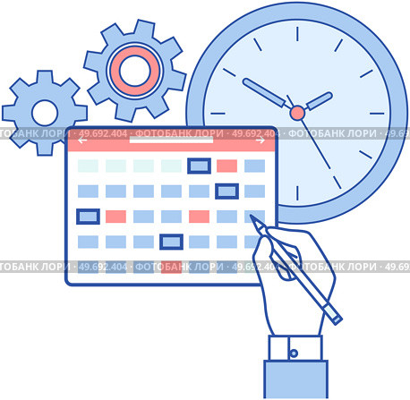 Person planning schedule, agenda planner. Time management, tasks scheduling, calendar, reminder and timetable. Save time and money concept. Employee works to create weekly plan and deal with deadline. Person planning schedule, planner. Employee works to create weekly plan and deal with deadline. Стоковая иллюстрация, агентство Ingram Publishing / Фотобанк Лори
