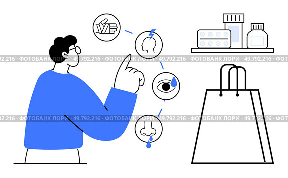 Person pointing at cold symptoms icons headache, eye irritation, runny nose with medications and shopping bag. Ideal for health, pharmacy, medicine, cold prevention, healthcare, shopping symptom. Person pointing at cold symptoms and related medications with shopping bag, in stark vector style. Стоковая иллюстрация, агентство Ingram Publishing / Фотобанк Лори