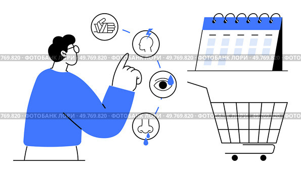 Person pointing to icons of senses like touch, taste, sight, smell, and hearing, alongside a calendar and a shopping cart. Ideal for sensory marketing, e-commerce planning, accessibility, time. Person Interacting with Icons Representing Human Senses Near Calendar and Shopping Cart. Стоковая иллюстрация, агентство Ingram Publishing / Фотобанк Лори