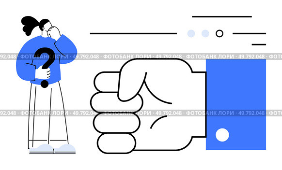 Person pondering a large question mark, facing a giant clenched fist on the right with abstract lines. Ideal for decision making, pondering, conflict, challenges, brainstorming, dilemmas. Person Contemplating a Question Mark Next to a Large Clenched Fist, Symbolizing Decision Making. Стоковая иллюстрация, агентство Ingram Publishing / Фотобанк Лори