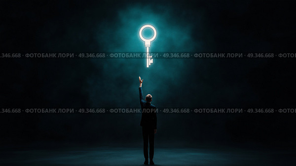 Person reaching for a floating key symbolizing self-discovery, personal growth. человек, достающий плавающий ключ, символизирующий самопознание, личностный рост. Стоковое AI-изображение, AI-художник Katsiaryna Repich / Фотобанк Лори