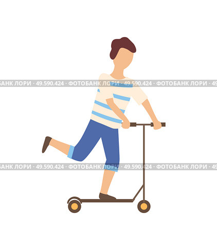 Person standing on scooter, teenager or young human in casual clothes holding running equipment, balancing on urban transport, child character vector. Child Balancing on Scooter, Urban Activity Vector. Стоковая иллюстрация, агентство Ingram Publishing / Фотобанк Лори