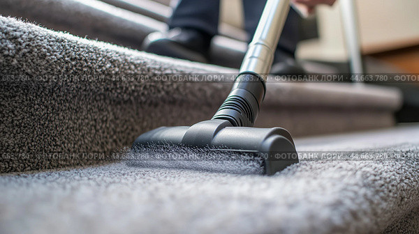 Person vacuuming a carpeted staircase to maintain cleanliness in a residential home during daylight hours. Стоковое AI-изображение, AI-художник Сергей Толмачёв / Фотобанк Лори