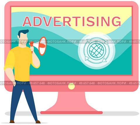 Person with megaphone advertising something. Announcement, advertisement, marketing concept. Man stands with loudspeaker, advertises, speaks loudly. Marketer promotes product, works in marketing. Person with megaphone advertising something. Marketer promotes product, works in marketing. Стоковая иллюстрация, агентство Ingram Publishing / Фотобанк Лори