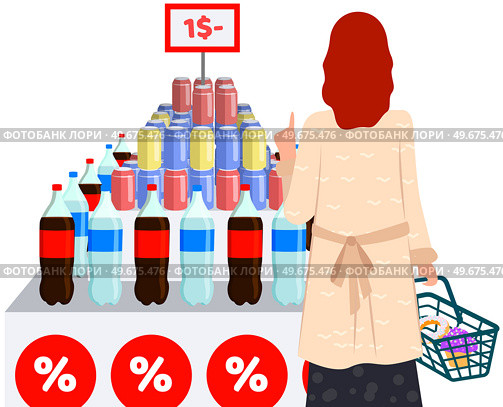 Person with shopping trolley chooses food at grocery store, supermarket. Shopping, customer in mall, retail shop concept. Cartoon character looking at fizzy drinks, lemonades in foodstuff store. Person looking at fizzy drinks, lemonades in foodstuff store. Shopping in supermarket concept. Стоковая иллюстрация, агентство Ingram Publishing / Фотобанк Лори