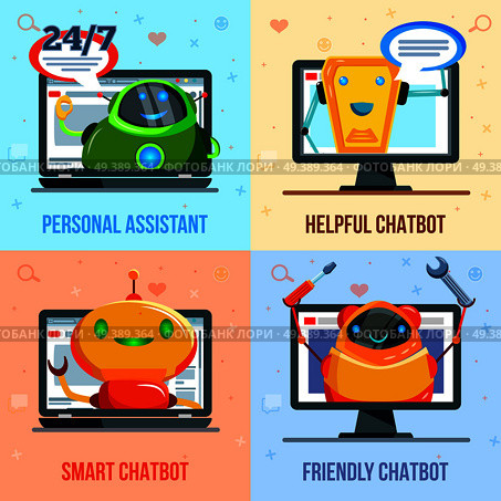 Personal assistant, helpful, smart and friendly chat bot, flat design concept isolated vector illustration. Chat Bot Flat Design Concept. Стоковая иллюстрация, агентство Ingram Publishing / Фотобанк Лори