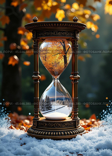 Песочные часы и смена сезонов года. Осень перетекает в зиму. Hourglass and the changing of seasons. Autumn flows into winter. Стоковое AI-изображение, AI-художник Гер Олег / Фотобанк Лори