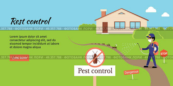 Pest control vector web banner. Flat design. Man in uniform with face mask spray pesticides from sprayer  near house. Chemical treatment against ants, termites, cockroaches, fleas, agricultural pests.. Pest Control Vector Web Banner in Flat Design. Pest Control Vector Web Banner in Flat Design. Стоковая иллюстрация, агентство Ingram Publishing / Фотобанк Лори