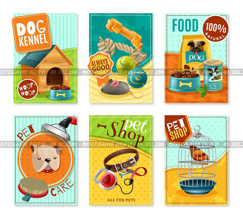 Pet Care 6 Mini Banners Set . Affordable pet care store advertisement 6 mini banners collection with healthy food and accessories isolated vector illustration . Стоковая иллюстрация, агентство Ingram Publishing / Фотобанк Лори