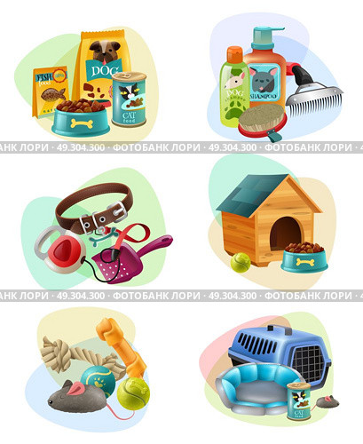 Pet Care Concept Composition Icons Set . Affordable pet care service concept 6 colorful icons collection with dry dog food and treats isolated vector illustration . Стоковая иллюстрация, агентство Ingram Publishing / Фотобанк Лори