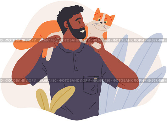 Pet owner male character plays with cat, holding fluffy kitty on his shoulders. Caring for four-footed friend. Tomcat and happy man, friends isolated on white. Fun domestic animal, human companion. Pet owner male character plays with cat, holding fluffy kitty on his shoulders. Caring for friend. Стоковая иллюстрация, агентство Ingram Publishing / Фотобанк Лори