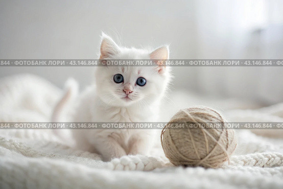 Pets. A small fluffy white kitten is playing with a ball of yarn on a white bed. A curious kitten lies on a white blanket and looks at the camera. Textiles, knitting. Стоковое AI-изображение, AI-художник Photojuli / Фотобанк Лори