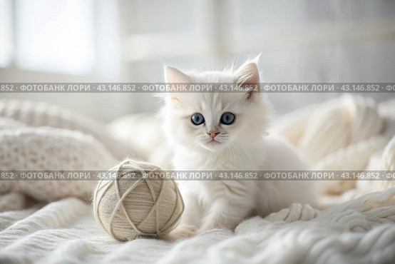 Pets. A small fluffy white kitten is playing with a ball of yarn on a white bed. A curious kitten lies on a white blanket and looks at the camera. Textiles, knitting. Стоковое AI-изображение, AI-художник Photojuli / Фотобанк Лори