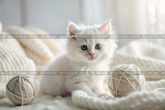 Pets. A small fluffy white kitten is playing with a ball of yarn on a white bed. A curious kitten lies on a white blanket and looks at the camera. Textiles, knitting. Стоковое AI-изображение, AI-художник Photojuli / Фотобанк Лори