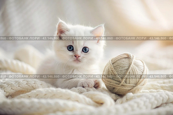 Pets. A small fluffy white kitten is playing with a ball of yarn on a white bed. A curious kitten lies on a white blanket and looks at the camera. Textiles, knitting. Стоковое AI-изображение, AI-художник Photojuli / Фотобанк Лори