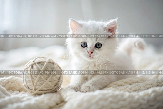 Pets. A small fluffy white kitten is playing with a ball of yarn on a white bed. A curious kitten lies on a white blanket and looks at the camera. Textiles, knitting. Стоковое AI-изображение, AI-художник Photojuli / Фотобанк Лори