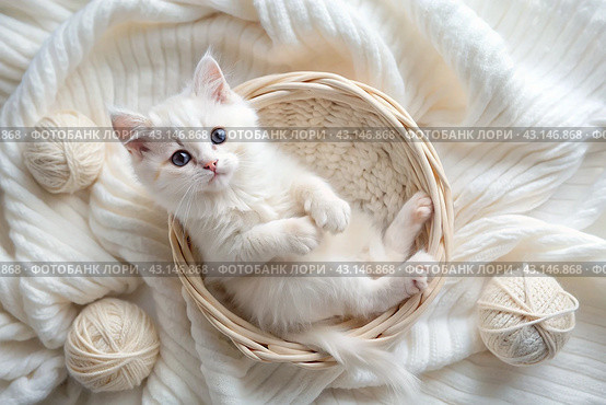 Pets. A small fluffy white kitten is playing with a ball of yarn on a white bed. A curious kitten lies on a white blanket and looks at the camera. Textiles, knitting. Стоковое AI-изображение, AI-художник Photojuli / Фотобанк Лори