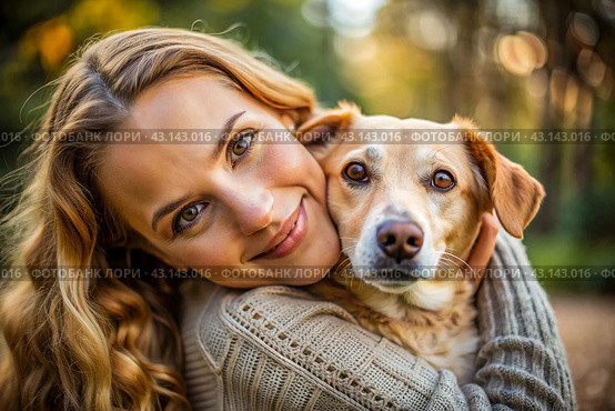 Pets. A young woman hugs a dog. A conscious life with a pet, the concept of friendship and love for animals. Стоковое AI-изображение, AI-художник Photojuli / Фотобанк Лори
