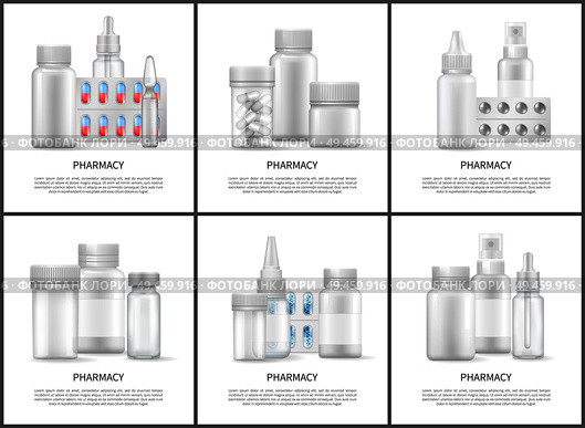 Pharmacy and medicines means bright vector posters isolated on white background, tablets with different pills, health care facilities, text sample. Pharmacy and Medicines Means Bright Vector Posters. Стоковая иллюстрация, агентство Ingram Publishing / Фотобанк Лори