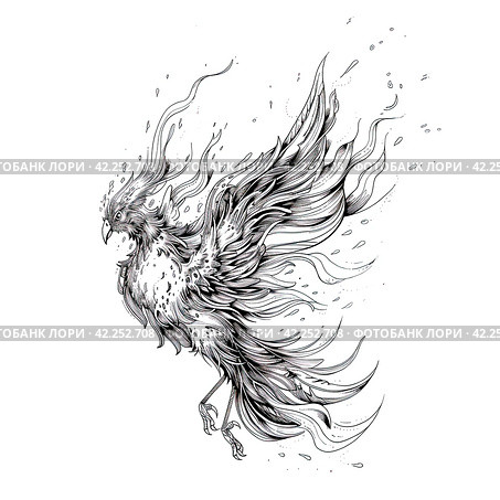 Phoenix illustration, drawing, engraving, ink, line art, vector. Sketch of a tattoo in the form of a Firebird. T-shirt apparel print design. Стоковое AI-изображение, AI-художник Ирина Ручушкина / Фотобанк Лори
