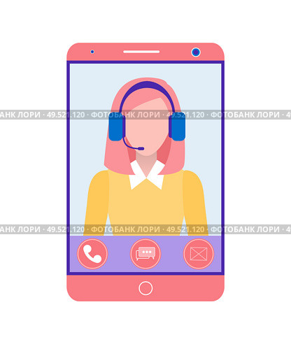 Phone operator, online support, gadget or mobile device screen. Smartphone monitor, woman in headphones, call center worker vector illustration isolated. Phone Operator, Online Support, Gadget Screen. Стоковая иллюстрация, агентство Ingram Publishing / Фотобанк Лори
