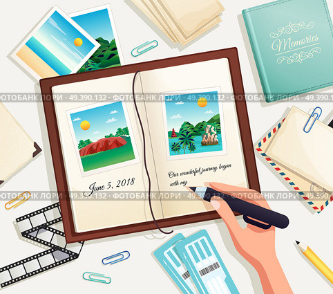 Photo album cartoon vector illustration with human hand holding pencil for writing explanation under photograph in scrapbook page. Photo Album Vector Illustration. Стоковая иллюстрация, агентство Ingram Publishing / Фотобанк Лори